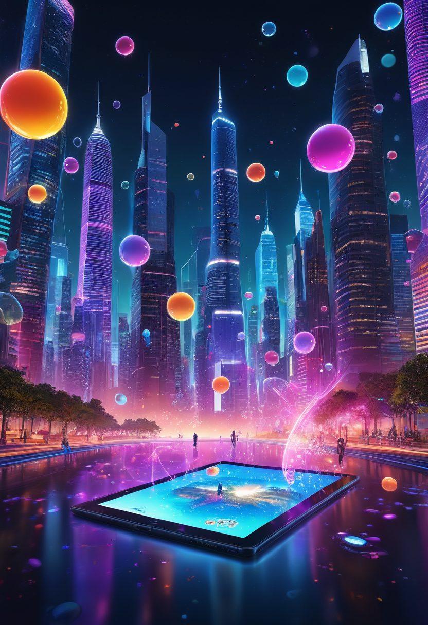 A vibrant digital landscape with a diverse group of people engaging in storytelling through various digital devices, surrounded by colorful bubbles representing ideas and creativity. Include elements like an open book merging with a glowing tablet, dynamic text animations, and a backdrop of a bright, futuristic city. The atmosphere should feel inspiring and imaginative. super-realistic. vibrant colors. 3D.
