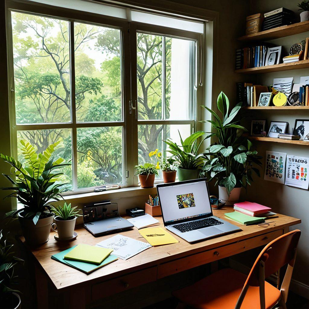 A dynamic workspace overflowing with vibrant sketches and colorful sticky notes representing ideas in full bloom. A laptop open with a blank page ready for creativity, surrounded by books on writing and art supplies. A bright light from a window casting shadows across the room symbolizes inspiration. Lush green plants in the background adding a touch of nature, evoking a sense of growth and creativity. super-realistic. vibrant colors. cozy atmosphere.
