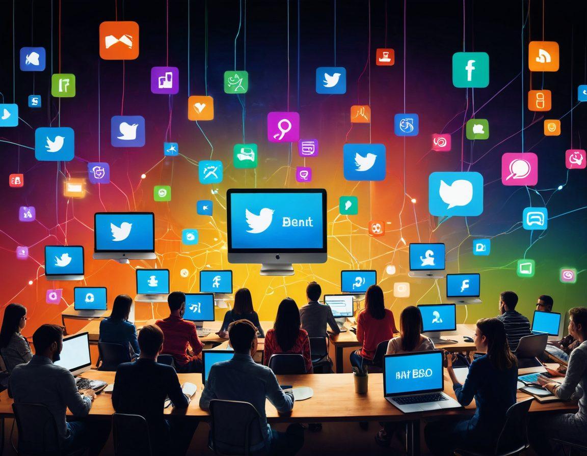 A vibrant digital landscape depicting a diverse group of bloggers engaging with their audience, with laptops and smartphones featuring glowing screens. Visualize interconnected nodes representing various blogs sharing content with each other, surrounded by colorful icons of social media and communication tools. The environment is lively and inviting, symbolizing creativity and collaboration. super-realistic. vibrant colors. 3D.